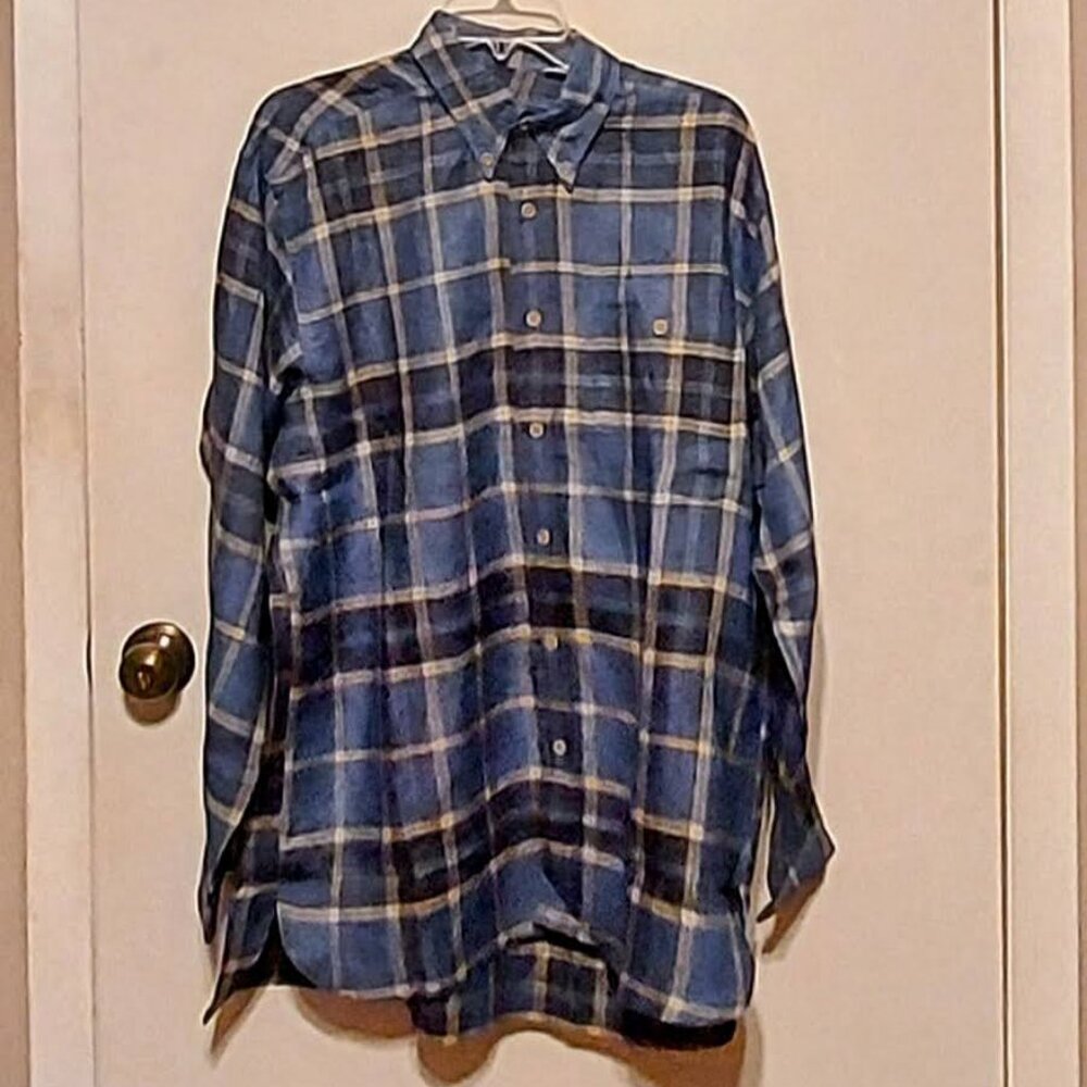 Barry Bricken Mens Plaid Blue & White Shirt. Extra Long Sz M Long Sleeve
